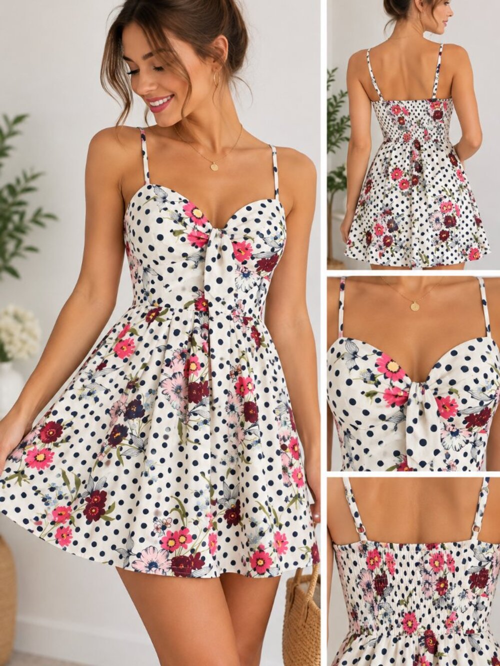 Say What? Floral Polka Dot Mini Dress Spaghetti Strap Sweetheart S